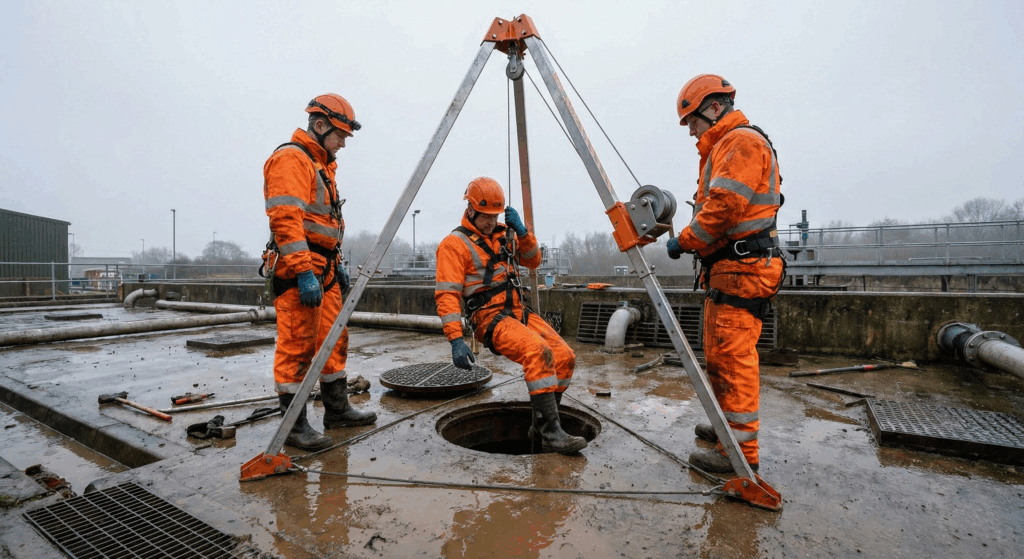 Adquiera trípodes de rescate certificados EN 795 Tipo B para mantenimiento de redes de alcantarillado. Seguridad garantizada para espacios confinados.