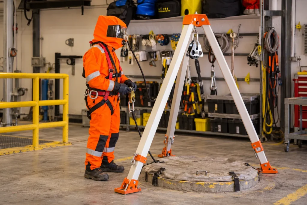 Trabajador junto a un trípode de rescate durante la preparación de un trabajo en espacio confinado