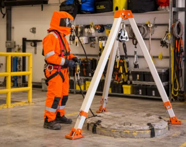 Trabajador junto a un trípode de rescate durante la preparación de un trabajo en espacio confinado